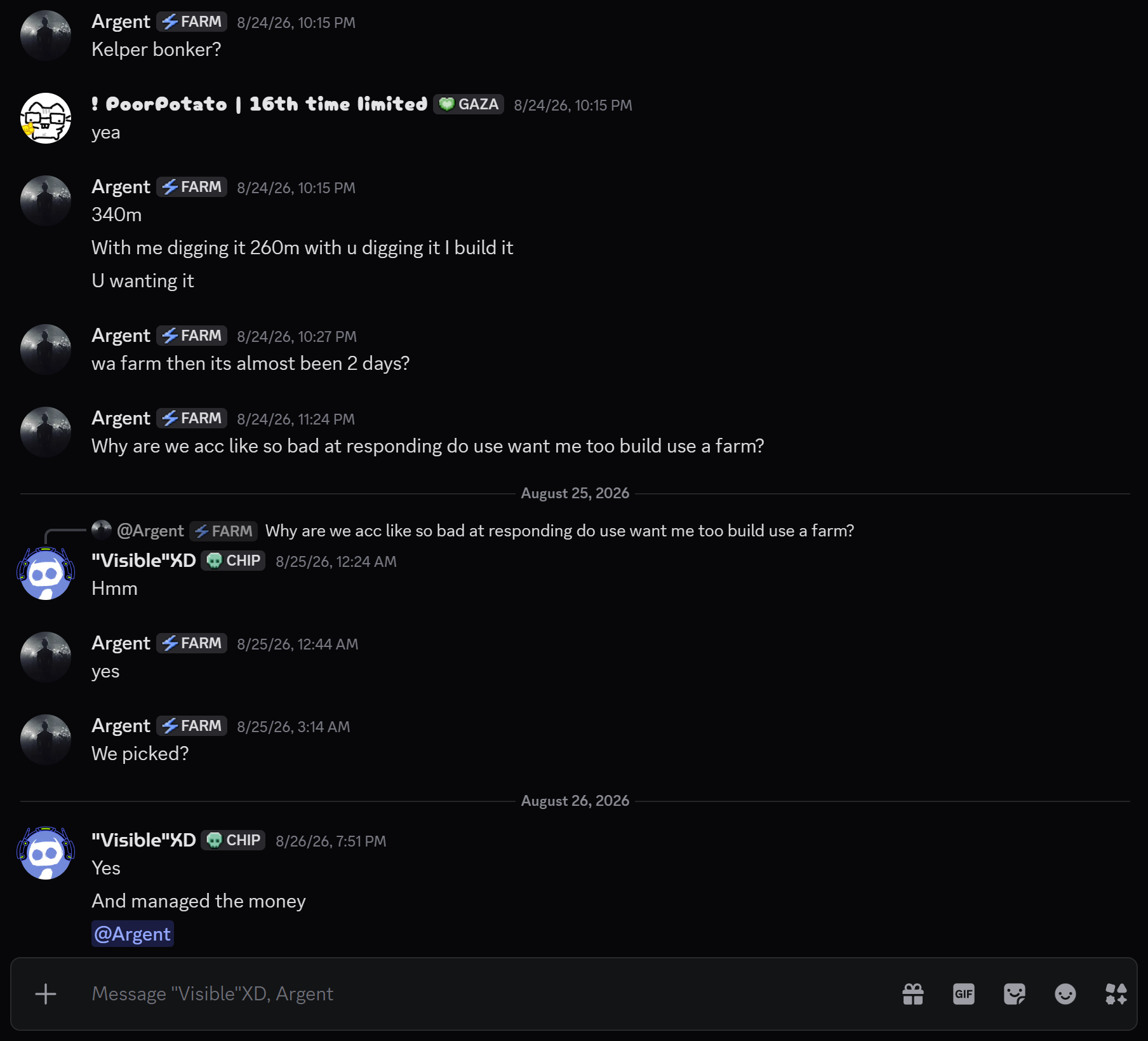 Chat excerpt 15: Discussion over materials and digout pricing.