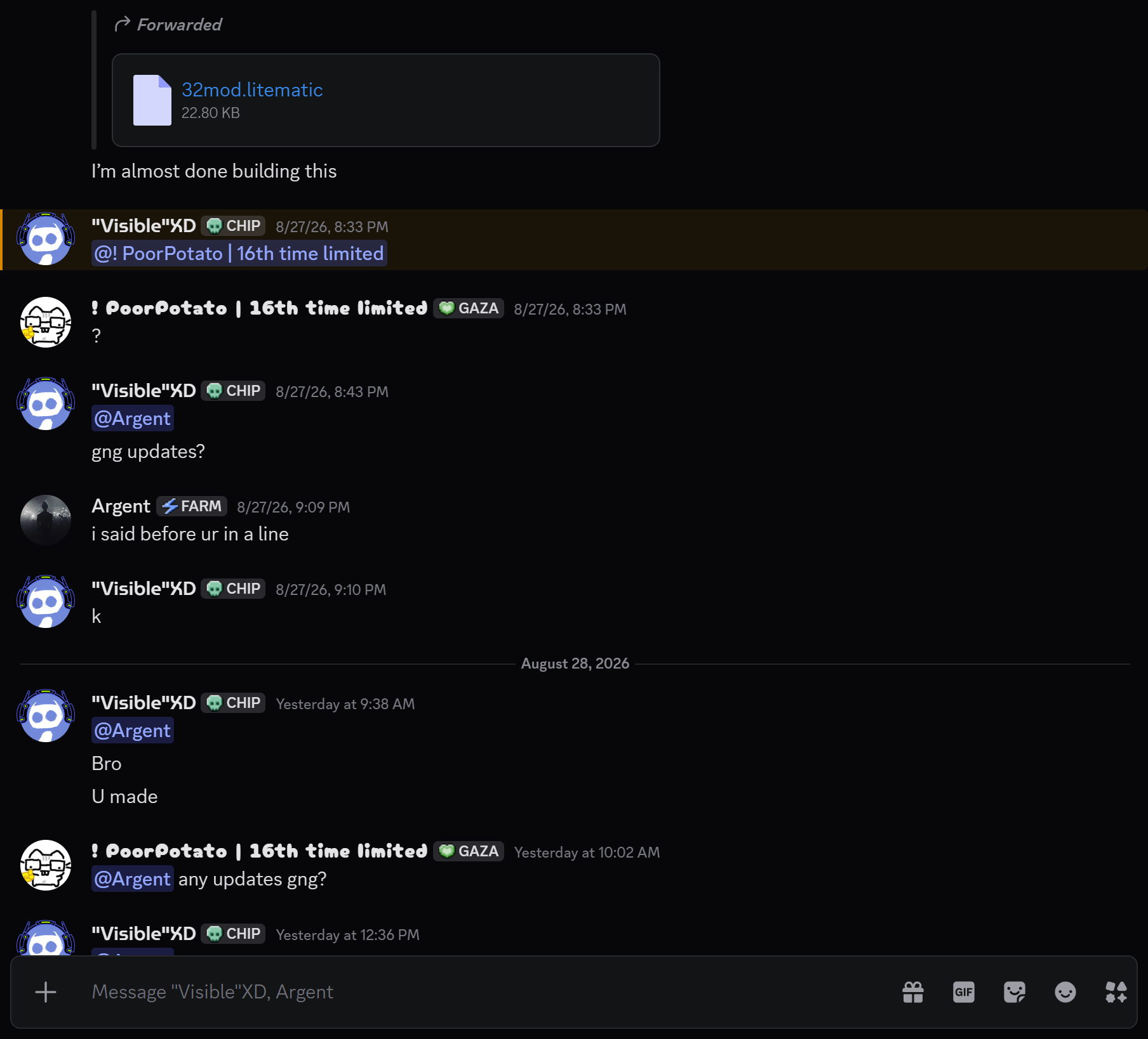 Chat excerpt 35: Payment verification and build instructions.
