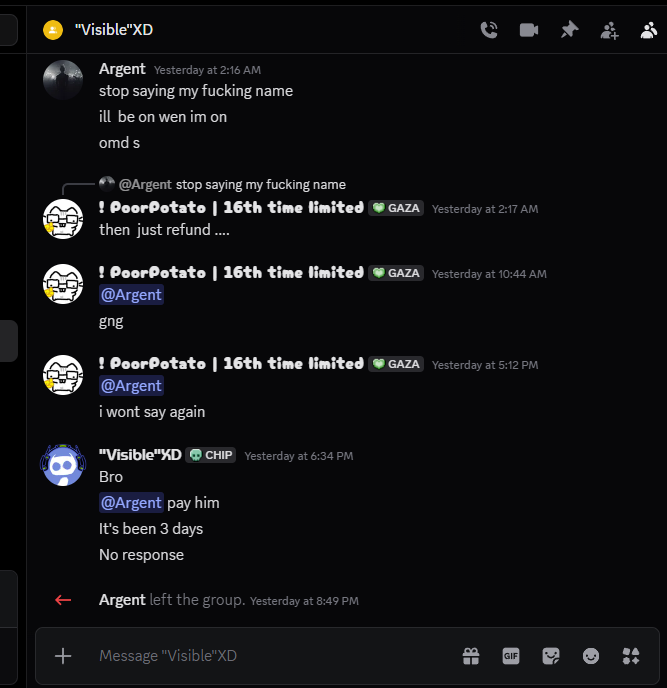Argent leaving group chat without refund
